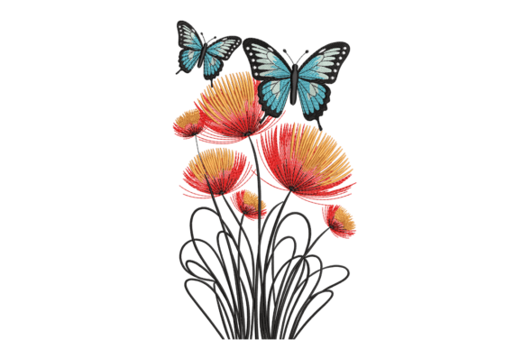Butterflies on Firework Blooms: A Festive Embroidery Design