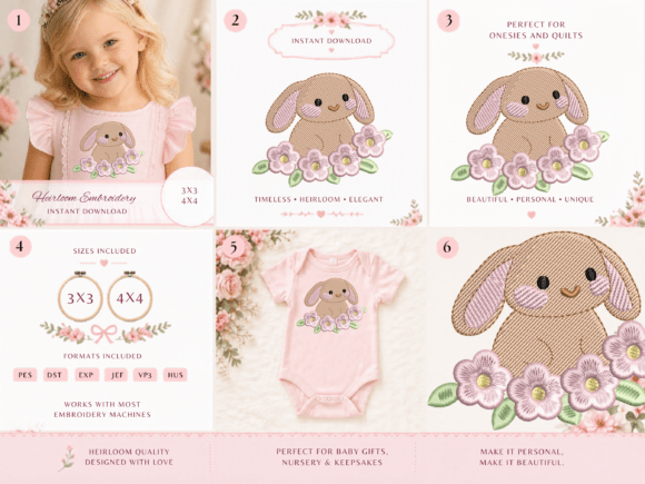 Charming Cute Bunny Floral Embroidery Design