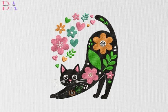 Charming Floral Black Cat Stretch Embroidery
