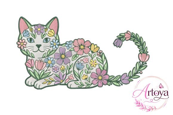 Charming Floral Cat Embroidery Design