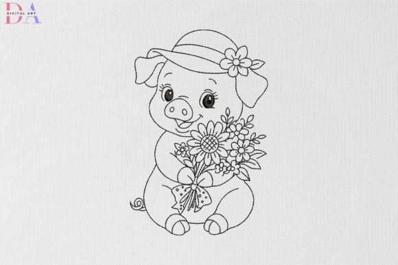 Charming Sweet Piglet with Sunflower Bouquet
