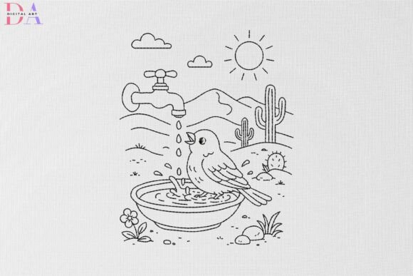 Desert Bird Bath Scene: A Charming Embroidery Design