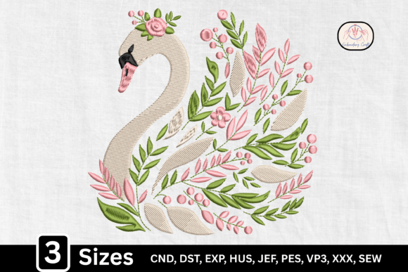 Elegant Bird Pink Floral Swan Embroidery
