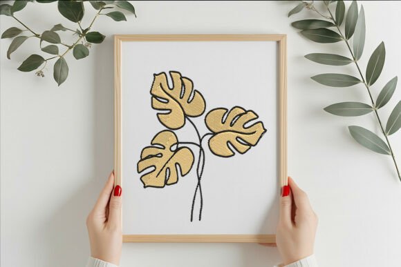 Golden Monstera Leaf Trio: A Lush Embroidery Design