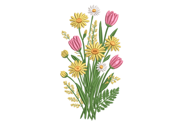 Tulip and Daisy Spring Bouquet: A Fresh Embroidery Design
